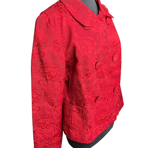 Talbots Jacket Pea Coat Large Red Floral Brocade Double Breasted Fully Lined - Picture 3 of 16